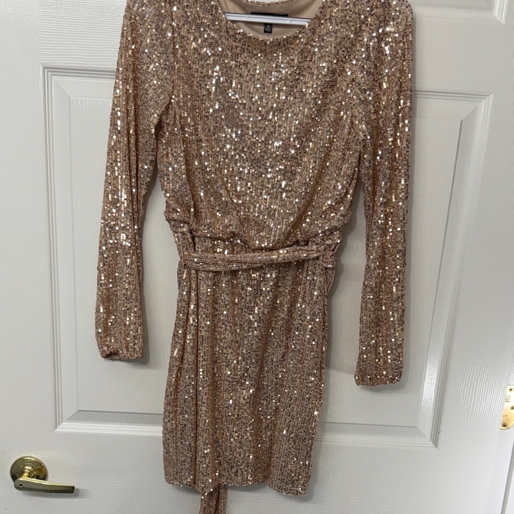 Gold Sequin Crystal Sky Long Sleeve Short Dress w Belt NWT